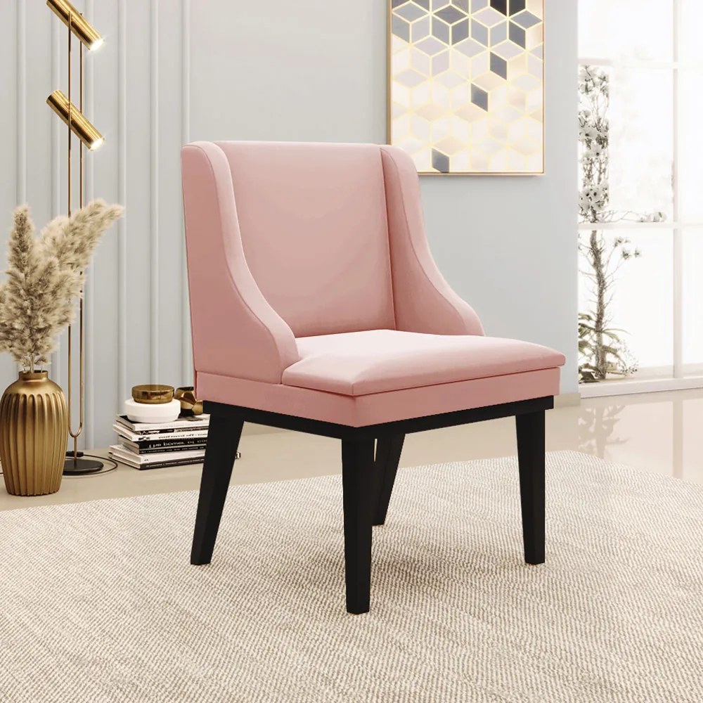 Kit 5 Cadeiras Decorativas Sala de Jantar Base Fixa de Madeira Firenze Veludo Rosê/Preto G19 - Gran Belo