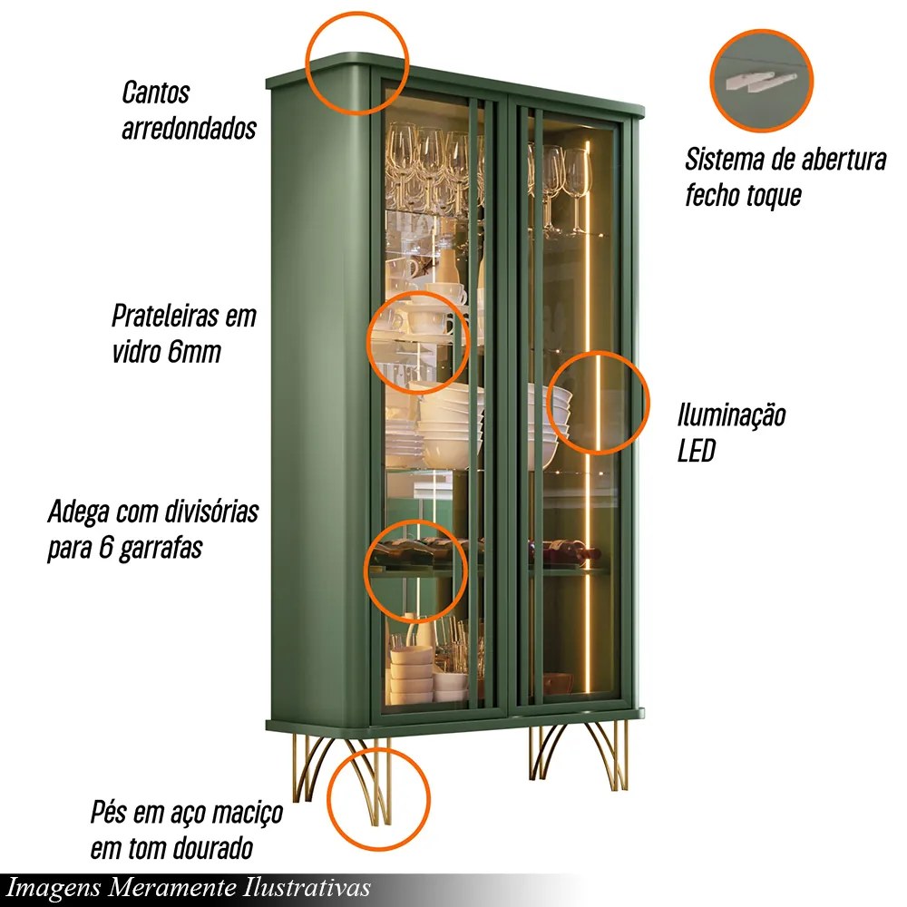 Cristaleira Decorativo com LED Portas de Vidro Évora Verde Pistache G26 - HB Móveis