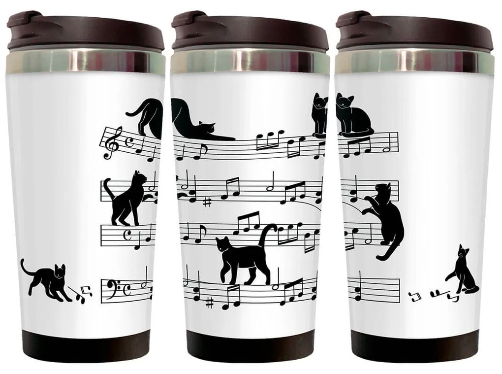 Copo Térmico 500ml Inox Branco e Preto Gato Musical