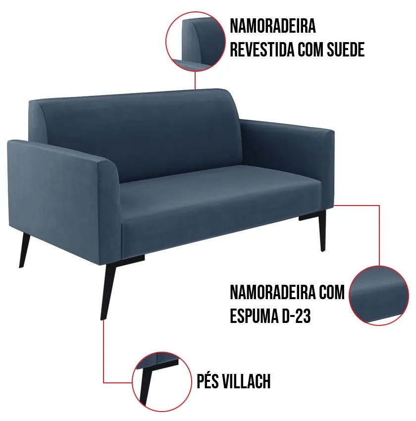 Sofá Namoradeira com 2 Poltronas Pés Villach Marisa Suede D03 - D'Rossi - Azul Marinho