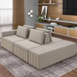 Sofá Ilha e Puff Sala Living 245cm Siesta Z32 Veludo Bege    - Mpozena
