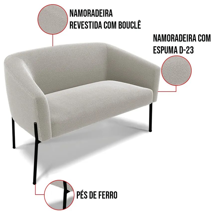 Sofá 2 Lugares Namoradeira Pé de Ferro Preto Stella Bouclê D03 - D'Rossi - Cinza