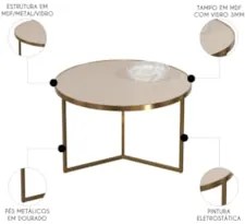 Mesa de Centro Redonda Baixa Pé Metal Thor Off/Dourado E05  - Mpozenat