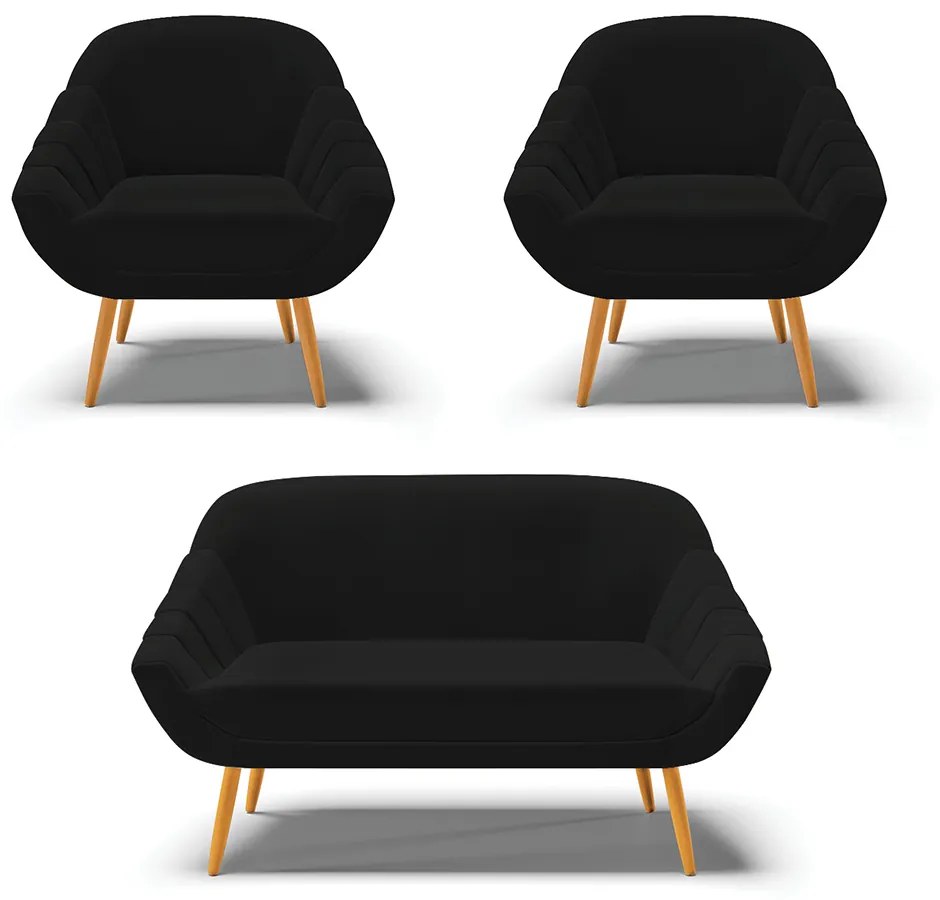 Kit 01 Namoradeira 02 Lugares e 02 Poltronas Giovana Linho Pés Palito Castanho - Indo Decorar - A79 Preto