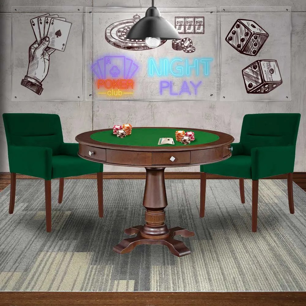 Mesa de Jogos Carteado Victoria Redonda Tampo Reversível Imbuia com Kit 2 Cadeiras Vicenza Suede Verde G36 G15 - Gran Belo