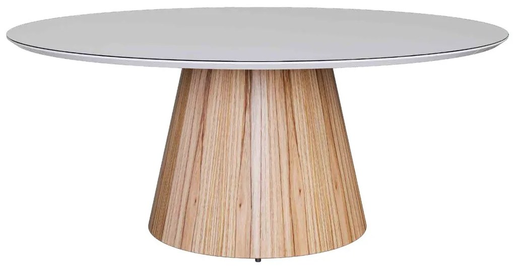 Mesa de Jantar Menfis Redonda Tampo com Vidro Pintura Laca Base com Acabamento Laminado