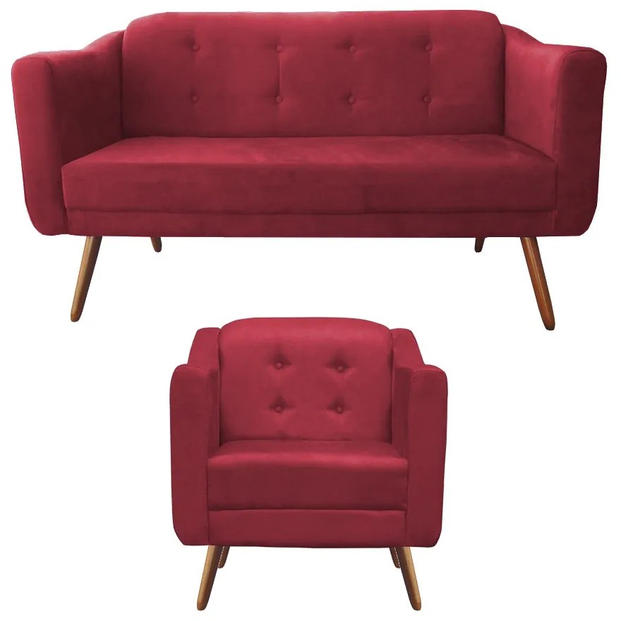 Kit Sofá Namoradeira + Poltrona Bruna Suede Vermelho Pé Palito