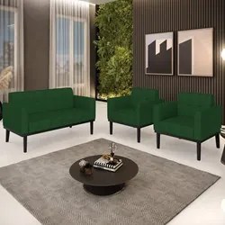 Sofá Namoradeira e 2 Poltronas Base Madeira Preto Ana Veludo Luxo Verd