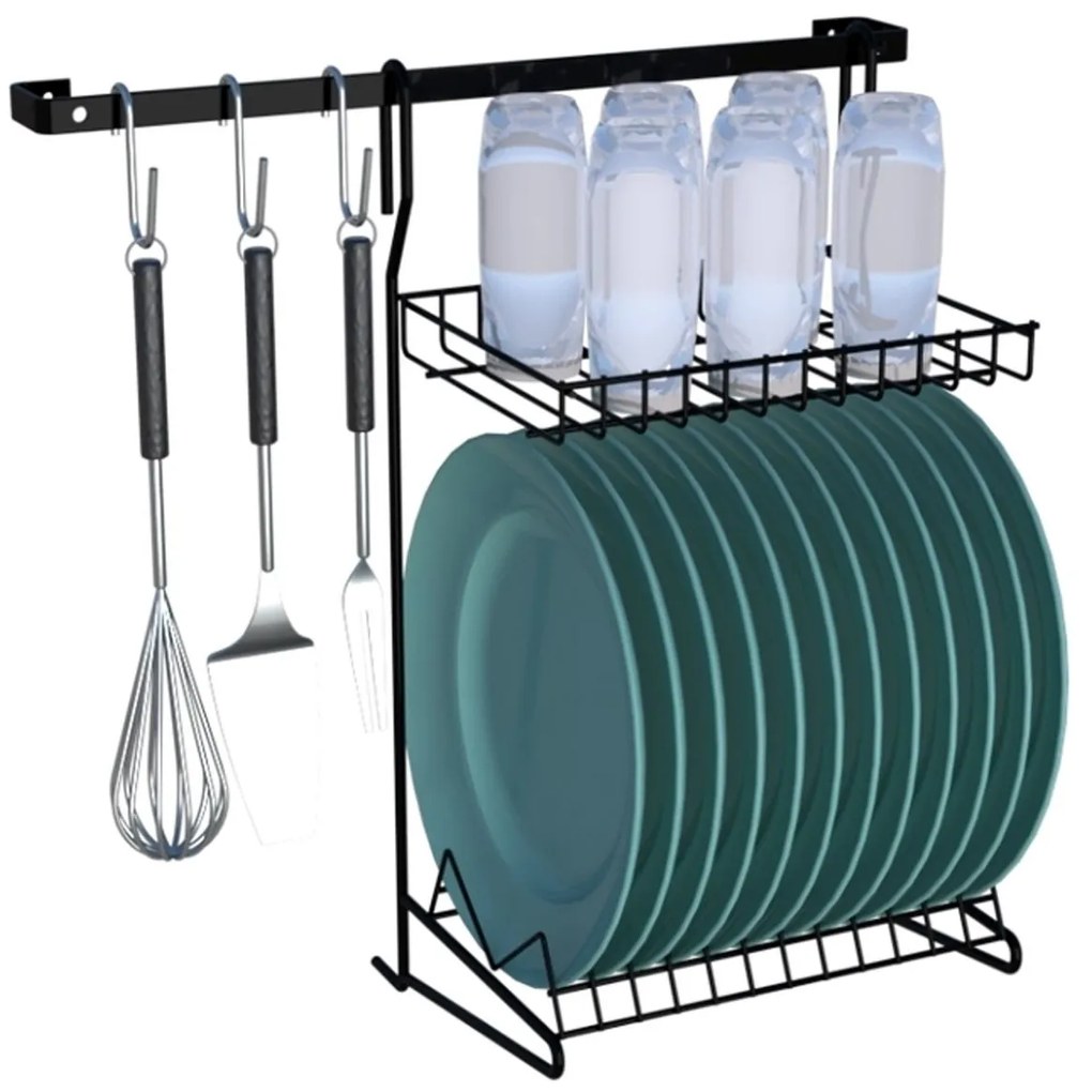 Kit Elegance 6pcs Cozinha Suspensa Parede Com Escorredor de Pratos e Copos Em Inox Preto
