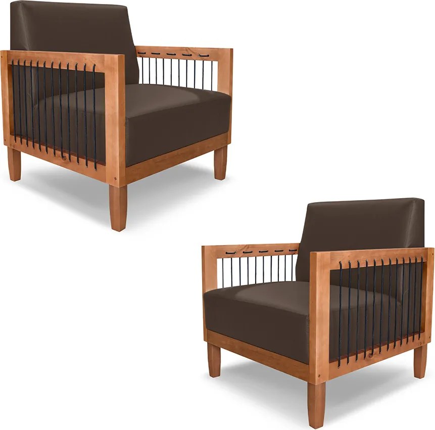 Kit 2 Poltronas Sala de Estar Pés Madeira Maciça Corda Náutica Preta 75cm Manila PU Marrom G63 - Gran Belo