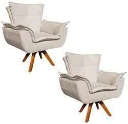 Kit 2 Poltronas Decorativas Sala de Estar Base Giratória Madeira Opla