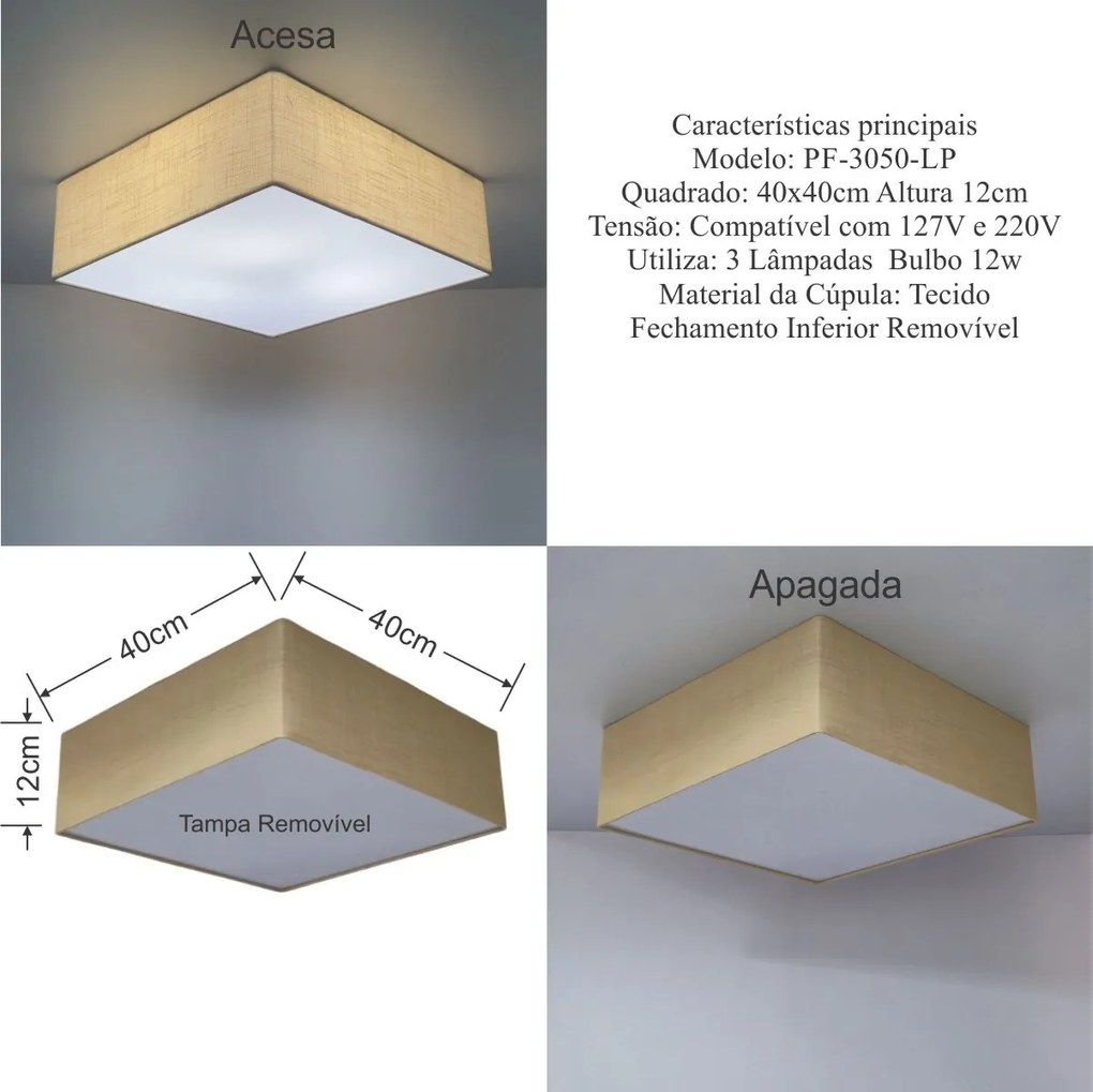 Plafon Quadrado Md-3050 Cúpula em Tecido 40x40X12cm Palha - Bivolt