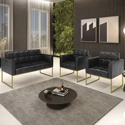 Sofá Namoradeira e 2 Poltronas Base Industrial Dourado Ana Sintético P