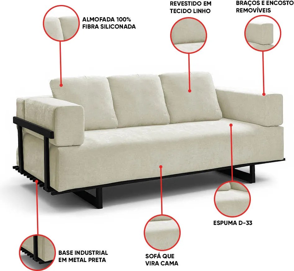 Sofá Cama 2 Lugares Living 200cm Base Industrial Sala Cherie Linho K01 - D'Rossi - Bege