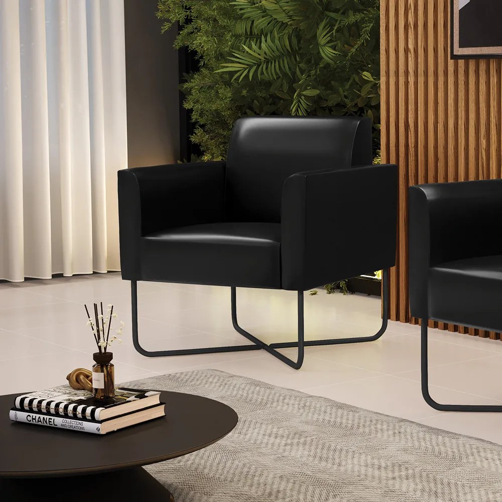 Poltrona Sala Decorativa Marisa Base Aço Industrial X Preto Sintético PU D03 - D'Rossi - Preto
