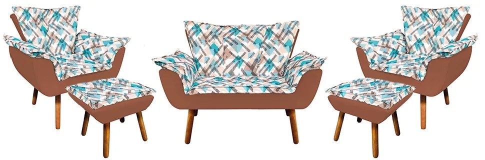 Kit 01 Namoradeira com 02 Poltronas e 02 Puffs Opala Composê Suede com Estampado Traçado Azul D33 Pés Palito Castanho - Caramelo Sisal