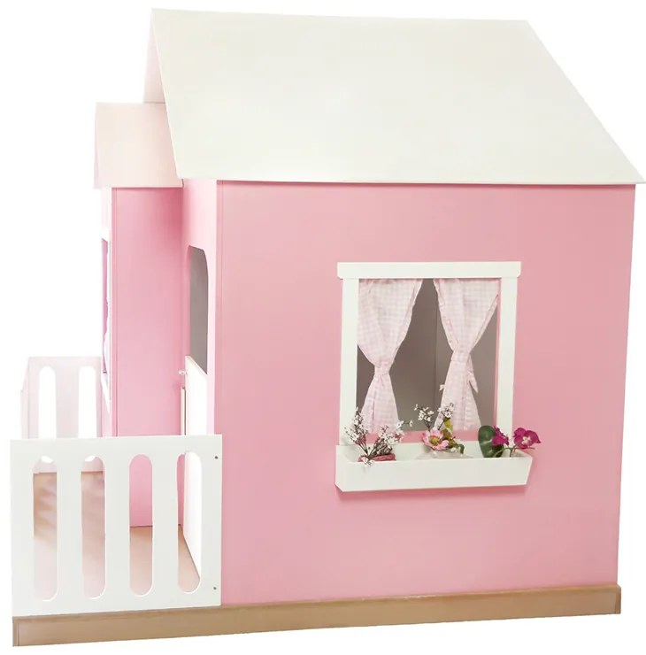 Casinha de Brinquedo Artesanal Janela Lateral Versátil com Cortinas MDF Rosa/Branco L12 - Gran Belo
