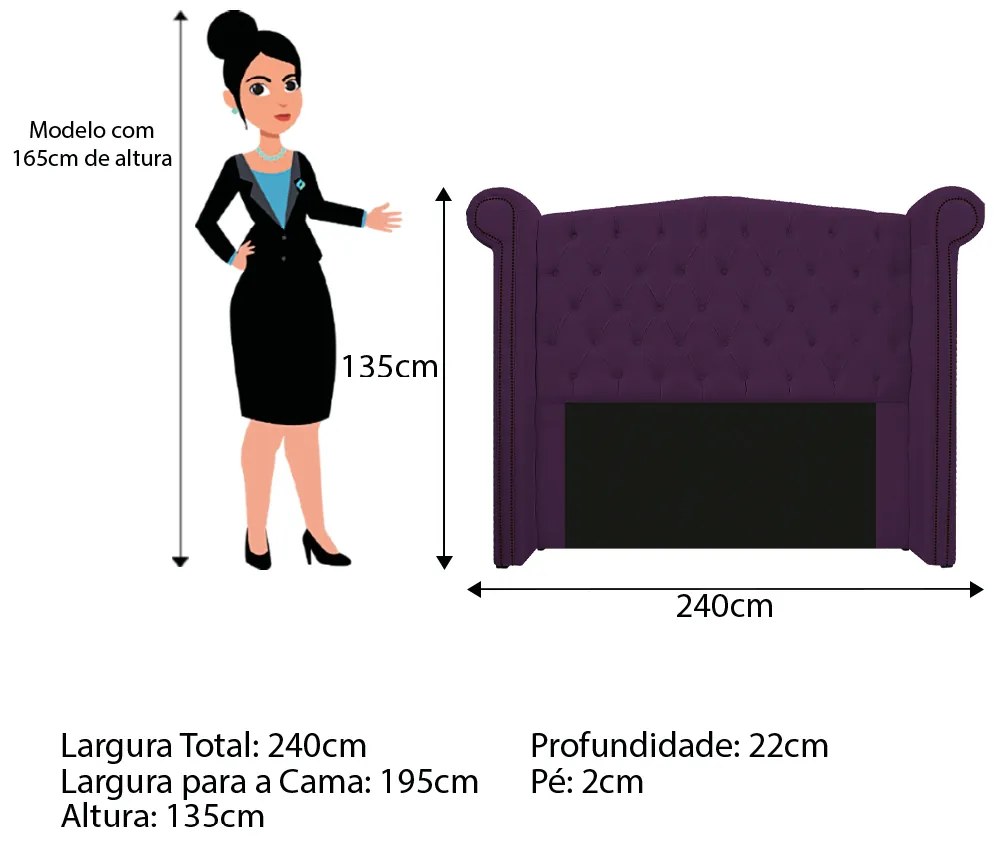 Kit Cabeceira e Calçadeira Veneza 195 cm King Size Suede Roxo - ADJ Decor