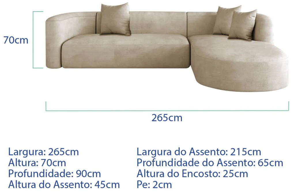 Sofá Modular Celinne Luxuoso Sala de Estar Decoração Luxo 265cm Linho