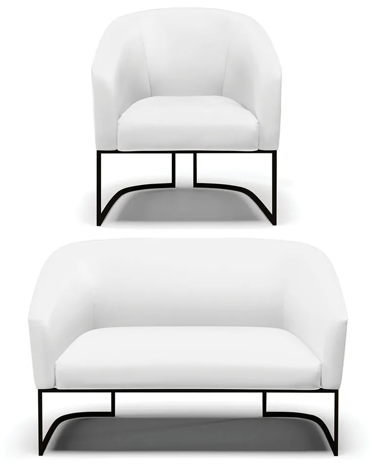 Sofá Namoradeira e Poltrona Base Industrial Preto Stella Corino D03 - D'Rossi - Branco