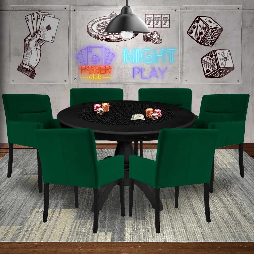 Mesa de Jogos Carteado Montreal Redonda Tampo Reversível Preto com 6 Cadeiras Vicenza Verde G36 G15 - Gran Belo