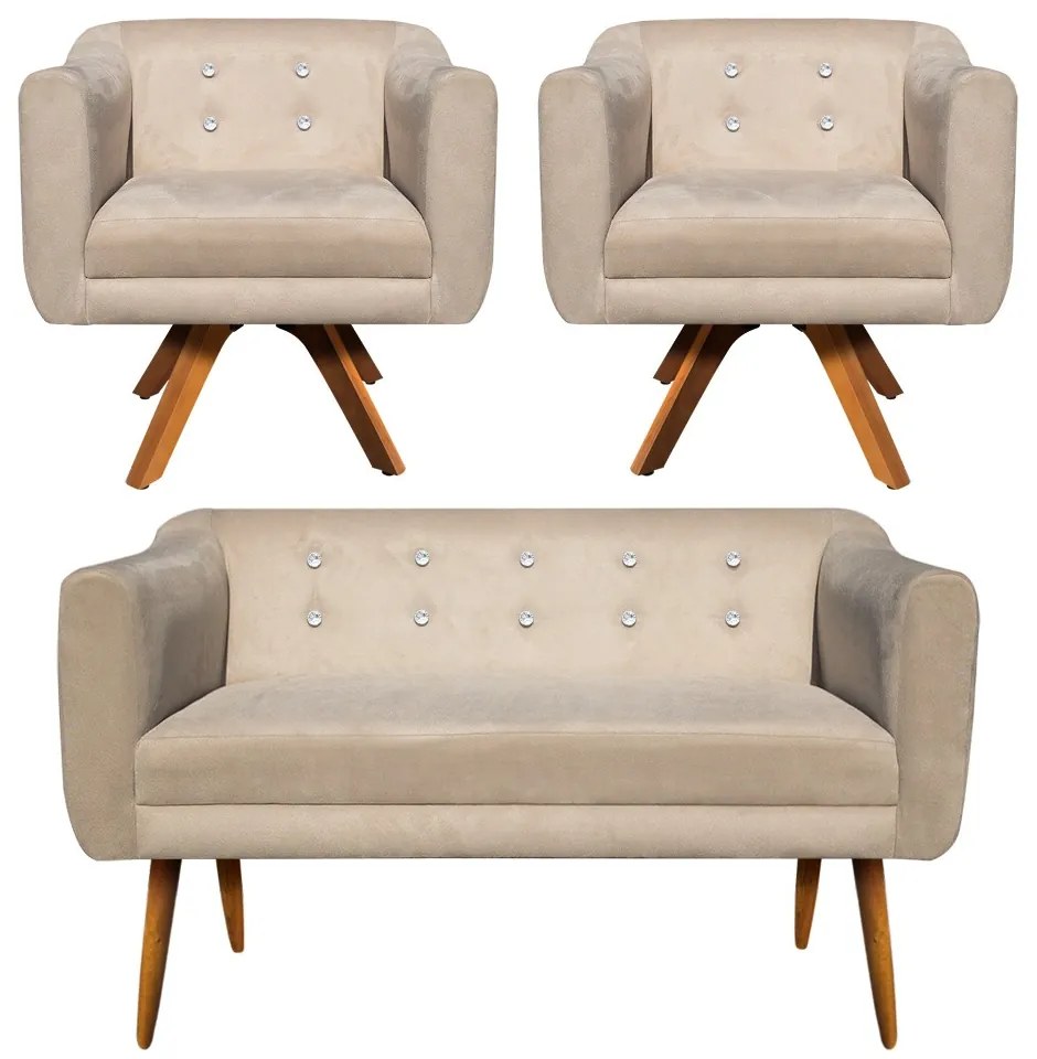 Kit 01 Namoradeira 02 Lugares e 02 Poltronas Giratória Julia Suede Bege com Strass Base Madeira MM30 D'Rossi