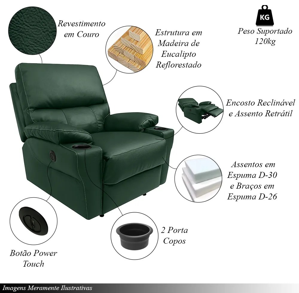 Poltrona do Papai Sala de Cinema Mia Reclinável Retrátil Power Elétrico Base Fixa Couro Verde Brilho G40 - Gran Belo