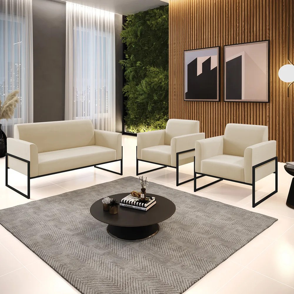 Sofá Namoradeira com 2 Poltronas Base Industrial Alta Preto Marisa Suede D03 - D'Rossi - Bege