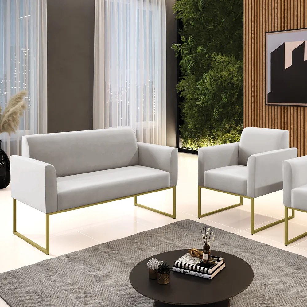 Sofá Namoradeira com Poltrona Base Industrial Dourado Marisa Veludo D03 - D'Rossi - Cinza