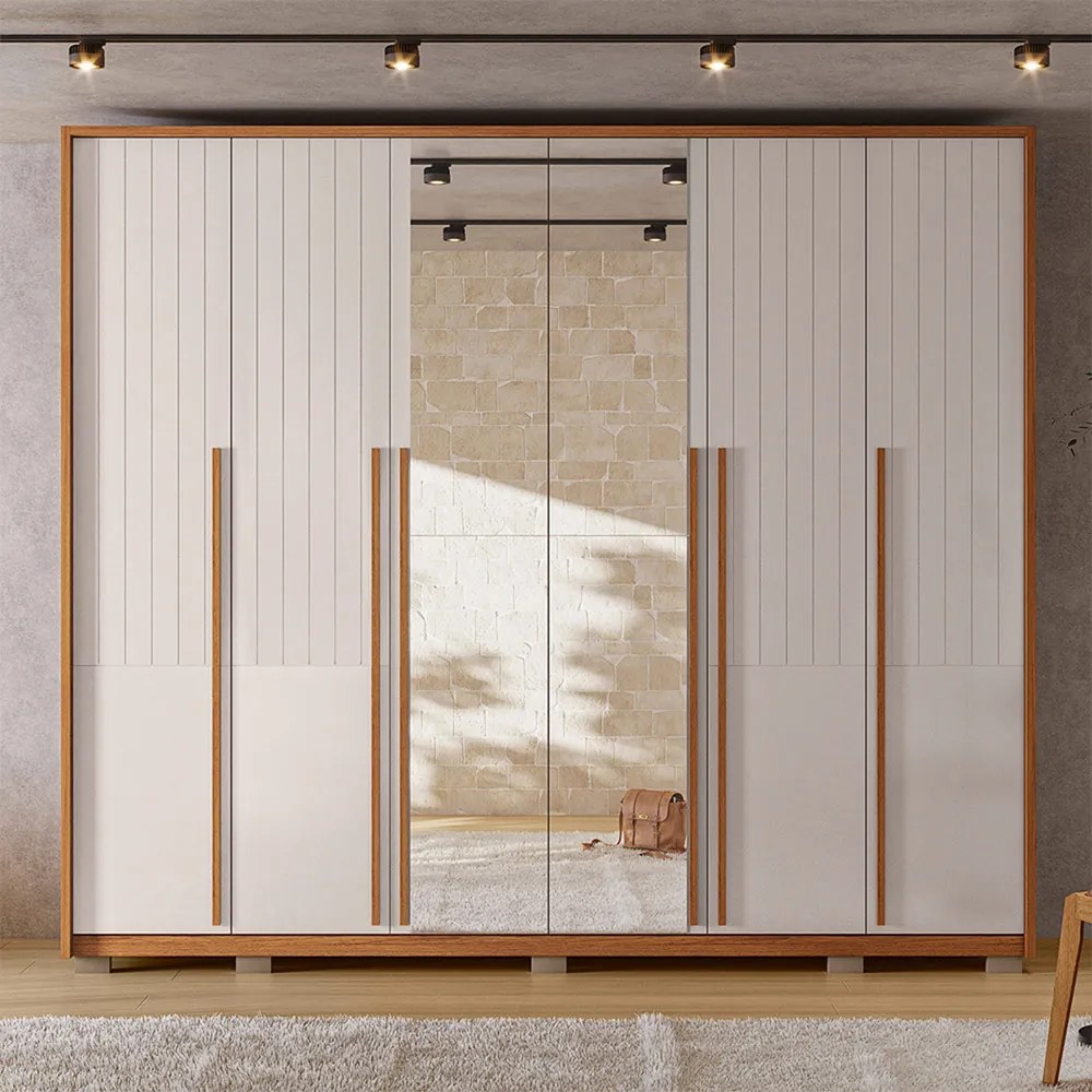 Guarda Roupa Casal Ema 6 Portas de bater com Espelhos 6 Gavetas em MDF Freijo/OffWhite G11 - Gran Belo
