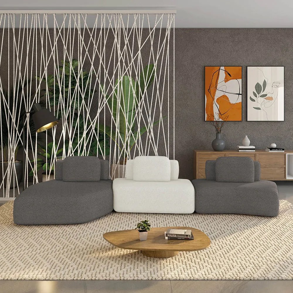Sofá 3 Lugares Orgânico com Chaise e 2 Módulos Berlim Bouclê Grafite/Off White K01 - D'Rossi