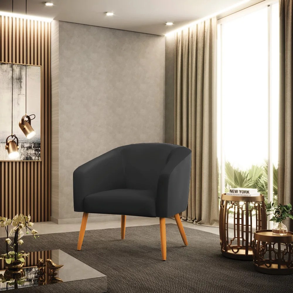 Poltrona Decorativa Pé Palito Castanho kit 2 Stella Sintético Preto D03 - D'Rossi