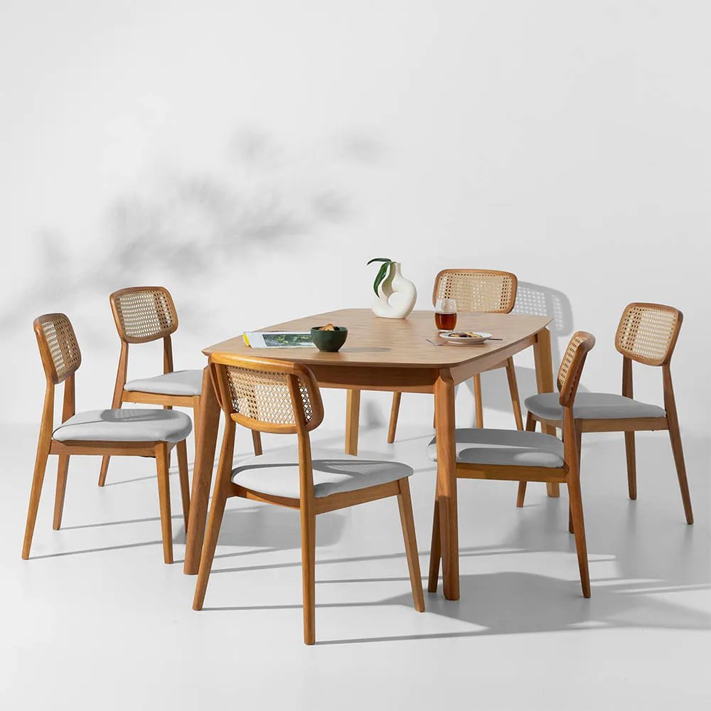Conjunto Mesa de Jantar Lalá Retangular Carvalho Americano - 1,60mx90cm + 6 Cadeiras Lótus Encosto Palha Larga Linne - Cinza