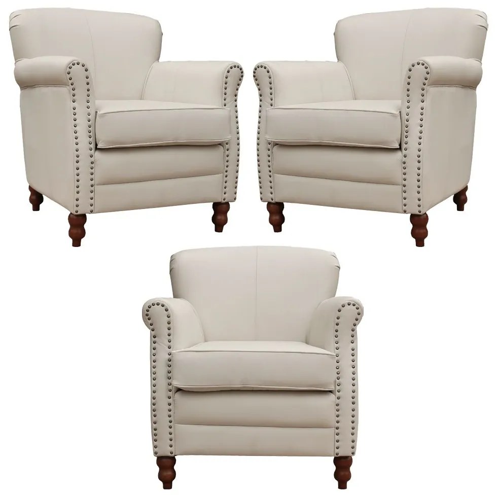 Kit 03 Poltronas Decorativas Sala de Estar Brunei Pés Madeira Couro Off White G58 - Gran Belo