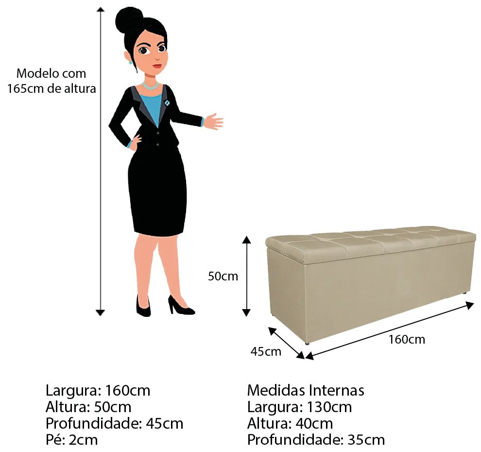 Calçadeira Estofada Manchester 160 cm Queen Size Linho Bege - ADJ Decor