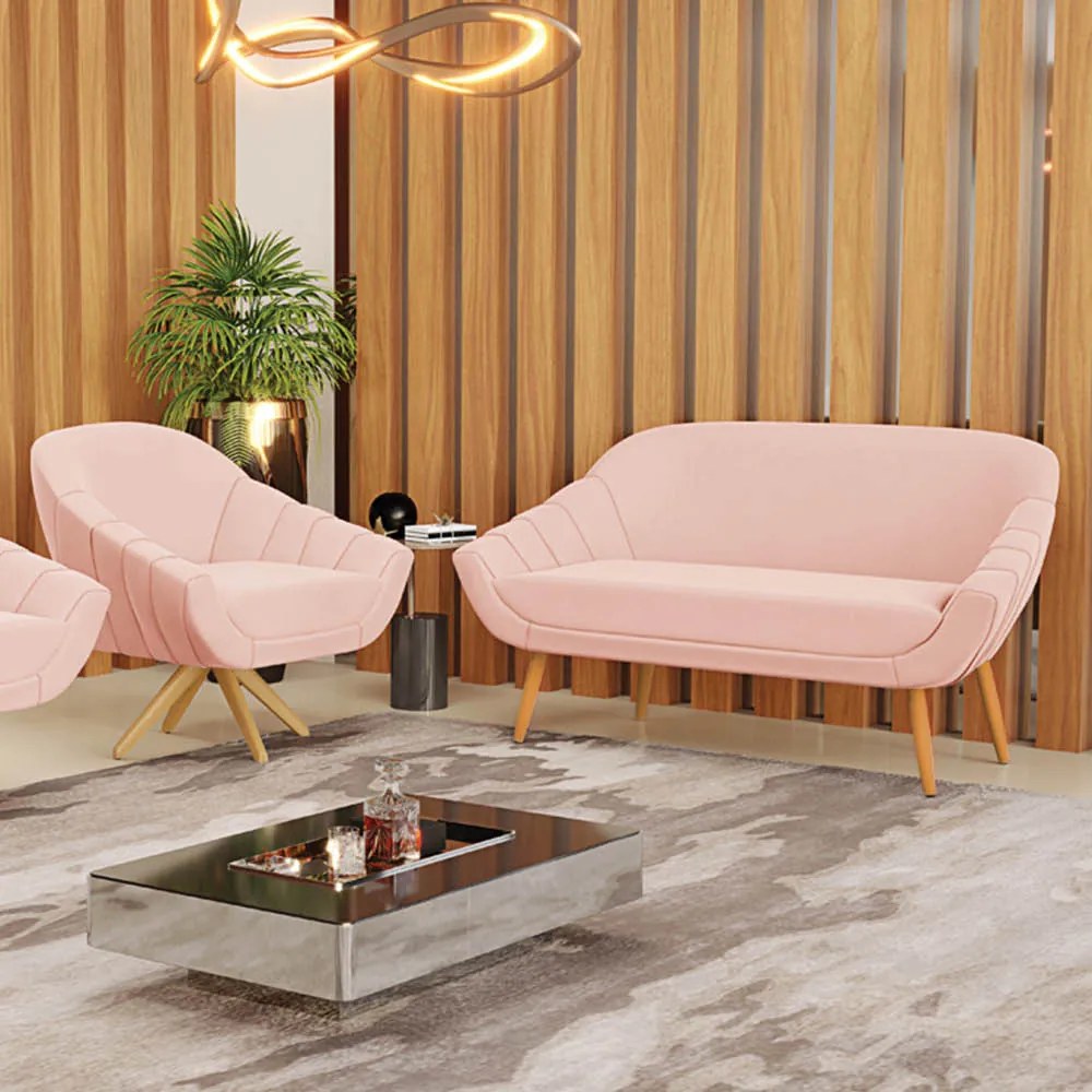 Kit 01 Namoradeira 02 Lugares e 01 Poltrona Giratória Giovana Veludo Base Madeira MA30 D03 - D'Rossi - Rose