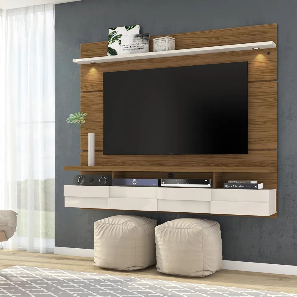 Painel TV 60 Pol 182cm Bancada Suspensa para Sala Quelen Naturale/Off White M20 - D'Rossi