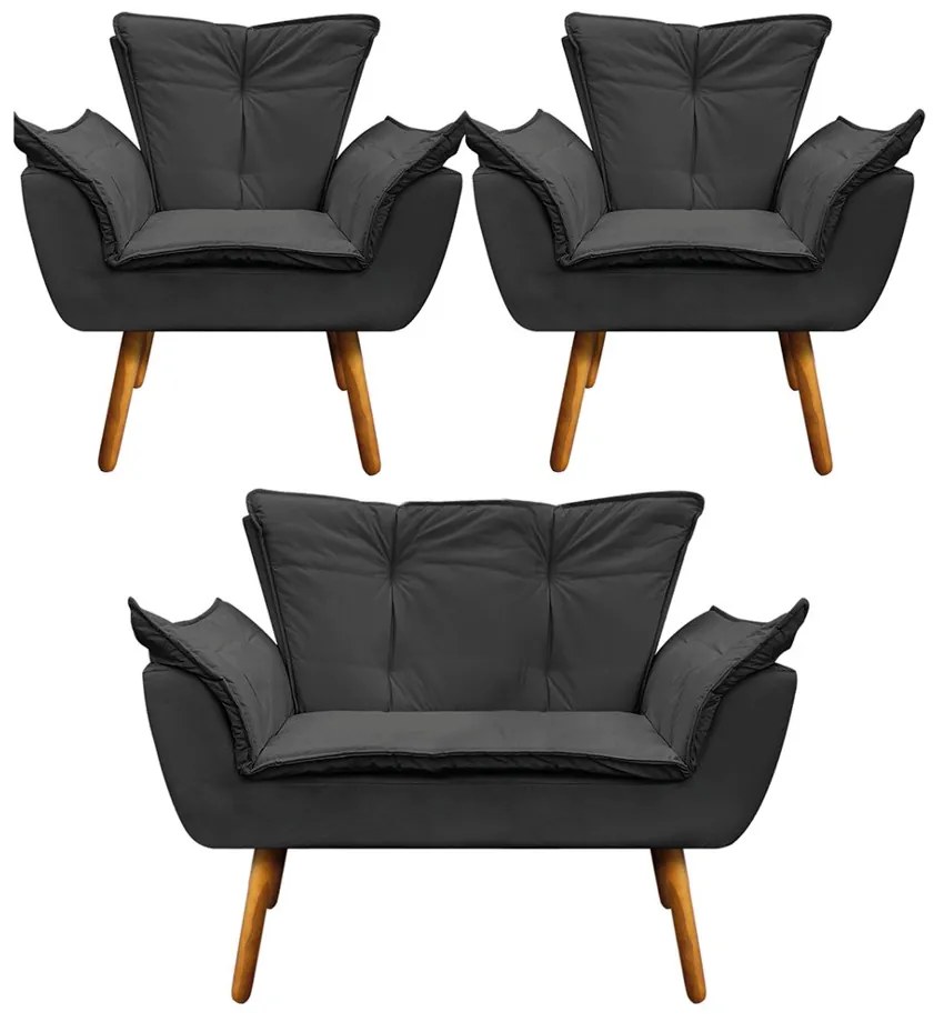 Namoradeira e 2 Poltronas Pé Palito Castanho Opala Corino - Preto
