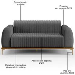 Sofá 210cm 3 Lugares Base Gold Molino D06 Linho C-416 Cinza Escuro - M