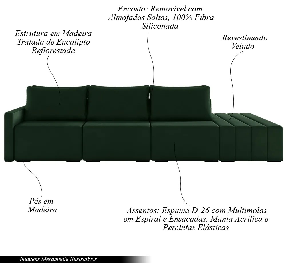 Sofá Ilha Modulado Milos 312cm Puff Lateral Veludo Verde G33 - Gran Belo