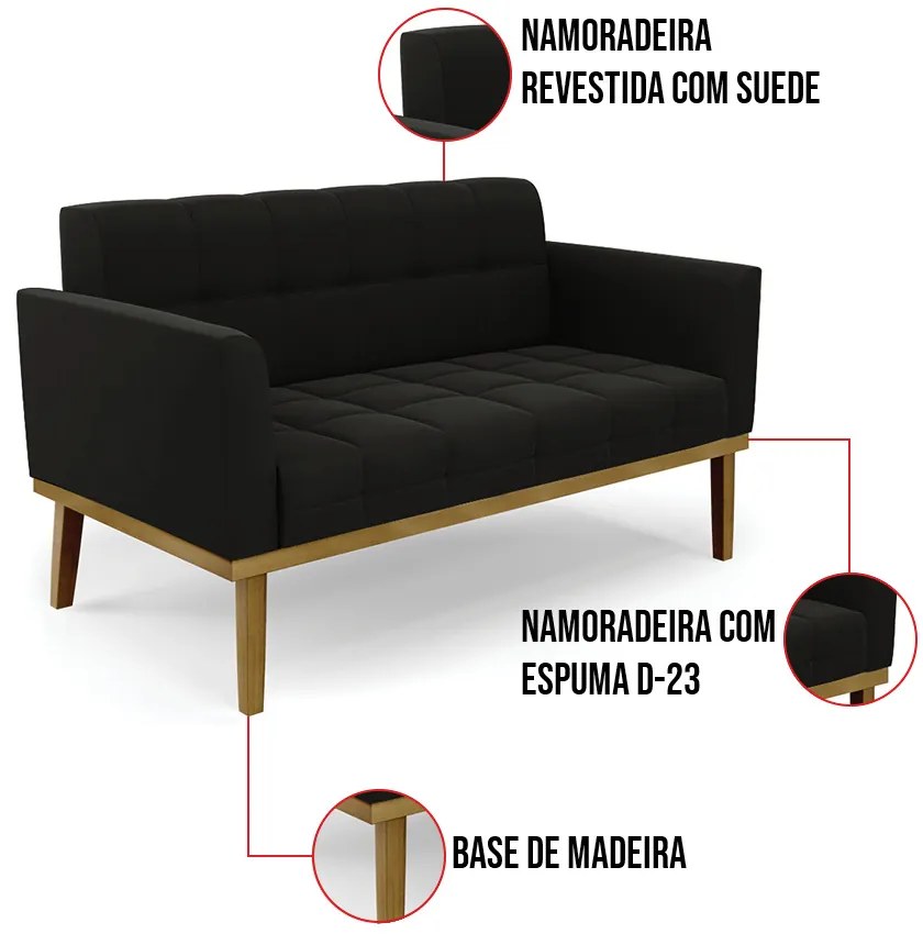Sofá Namoradeira Base de Madeira Castanho Elisa Suede D03 - D'Rossi  - Preto
