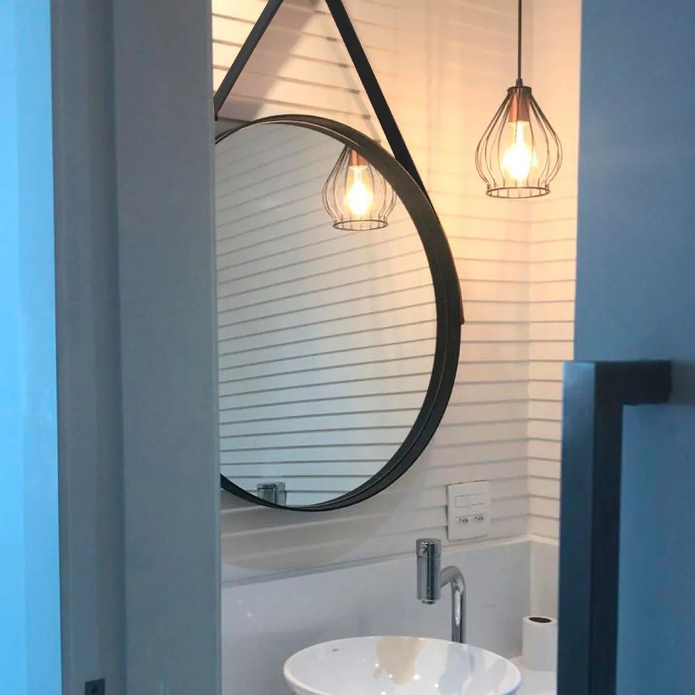 Espelho Redondo 50 cm Decorativo Adnet Preto Escandinavo com Alça de Couro - D'Rossi