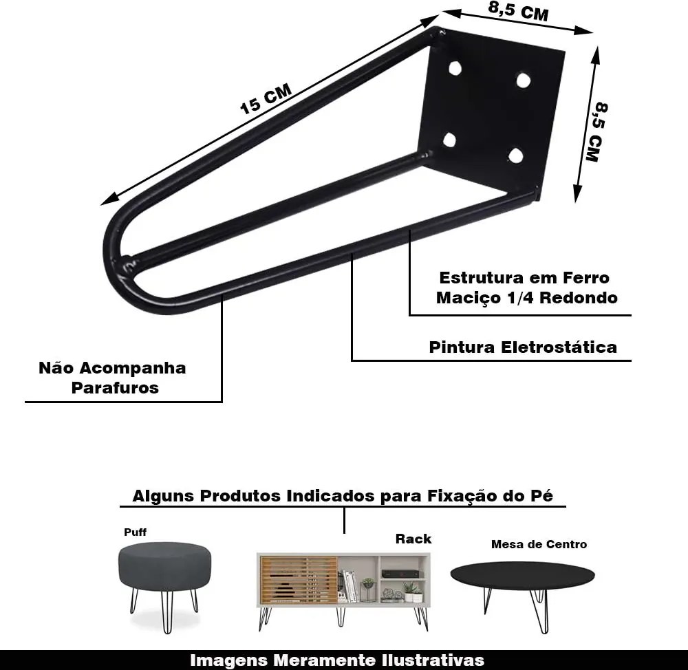 Pé de Metal 15 CM Hairpin Legs Mesas de Centro Puffs Preto G41