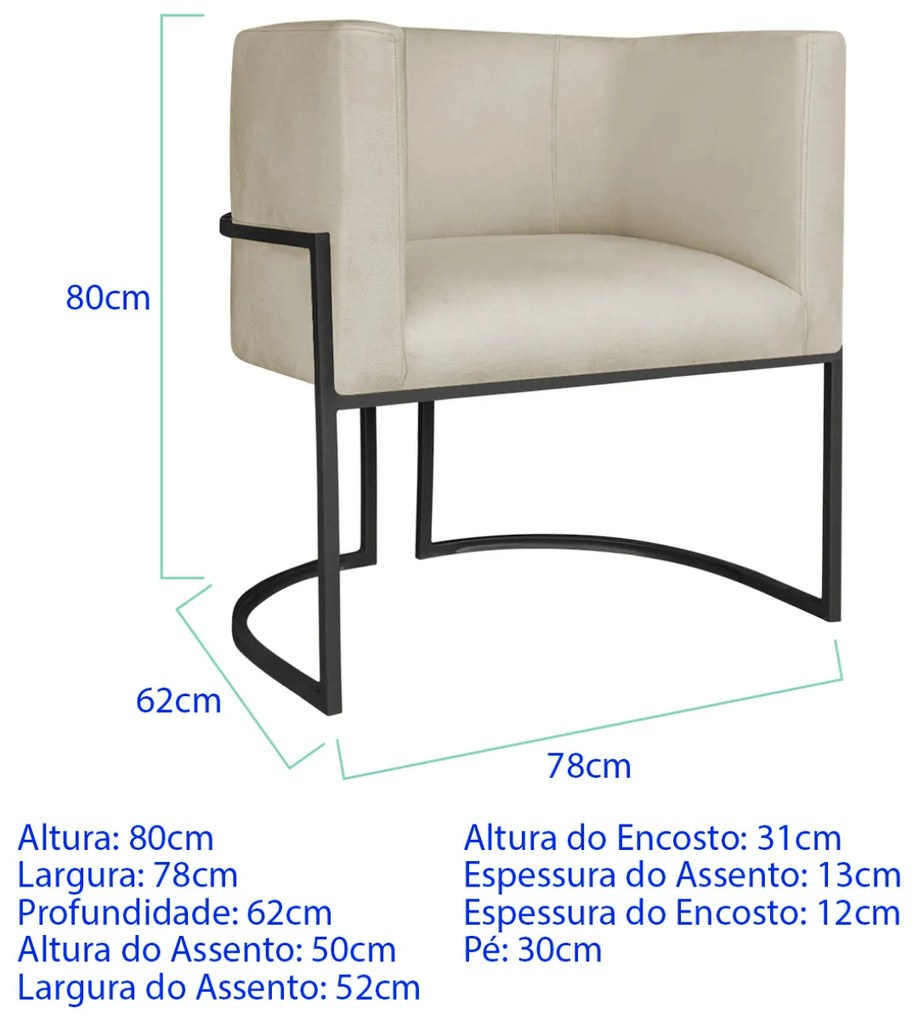Kit 2 Poltronas Dália Luxo Moderna Estofada Design Sofisticado com Base de Ferro Preto Suede