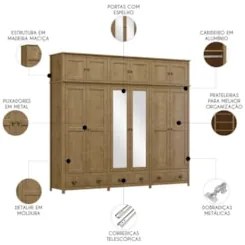 Guarda Roupa Casal 261cm Com Espelho Lázio Freijó F07       - Mpozenat