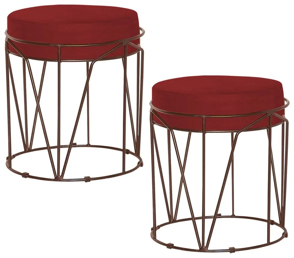 Kit 2 Puffs Decorativo Sala de Estar Base Bronze Chloe Suede Vermelho G41 - Gran Belo
