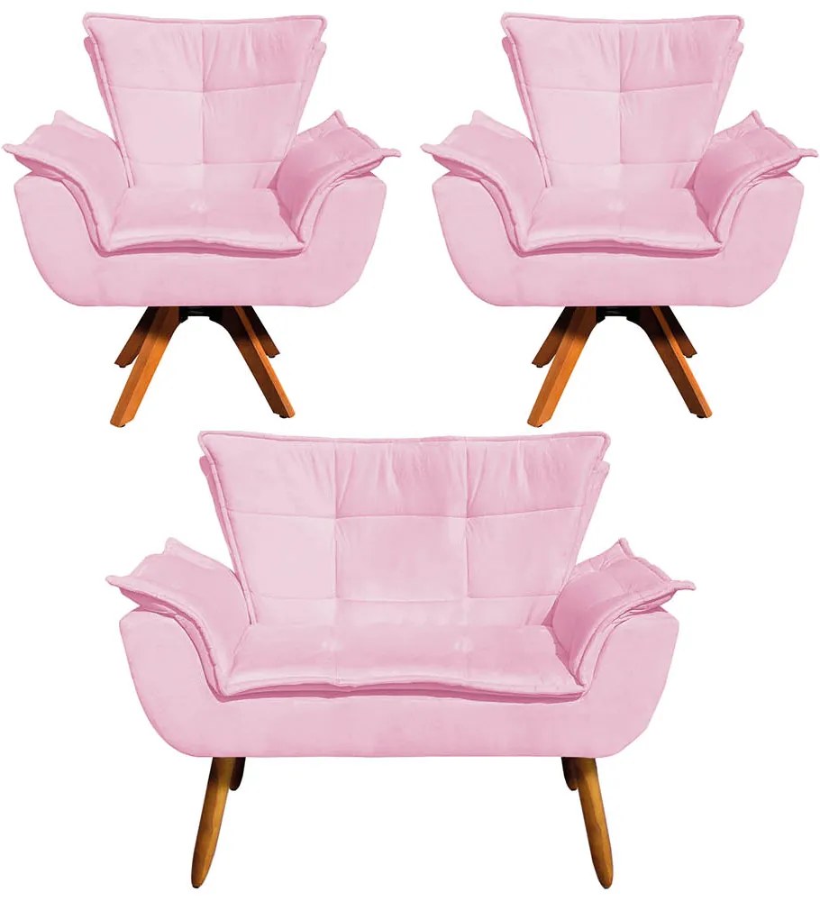 Sofá Namoradeira e 2 Poltronas Giratória MM30 Opala Suede D03 - D'Rossi - Rosa Bebê