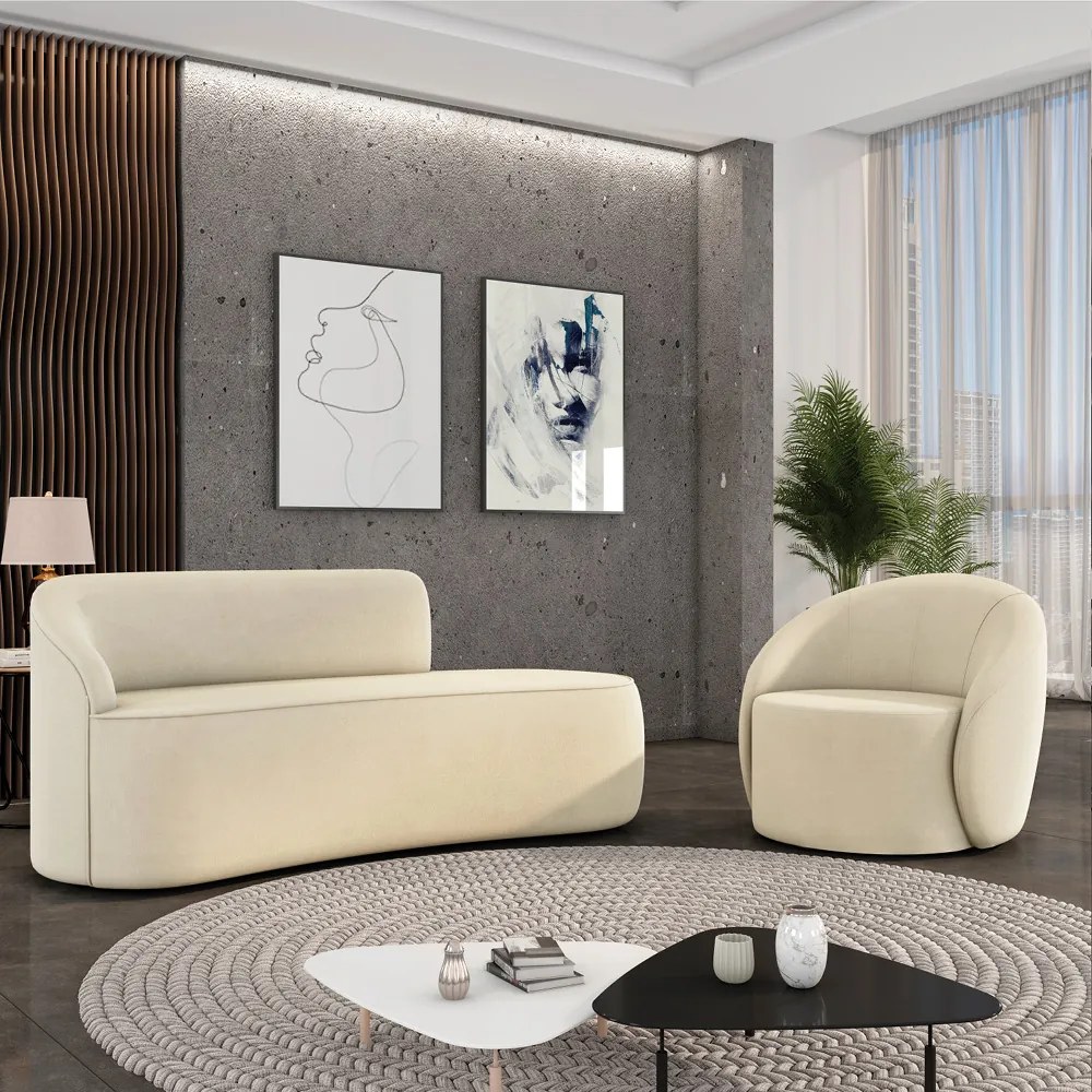 Sofá 2 Lugares Orgânico 140cm Morgan e Poltrona Lua Suede Bege D03 - D'Rossi