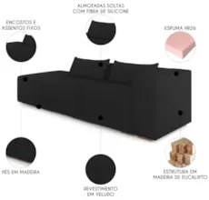Sofá 4 Lugares 283cm Com Puff Esquerdo Fay Veludo Preto Z55 - Mpozenat