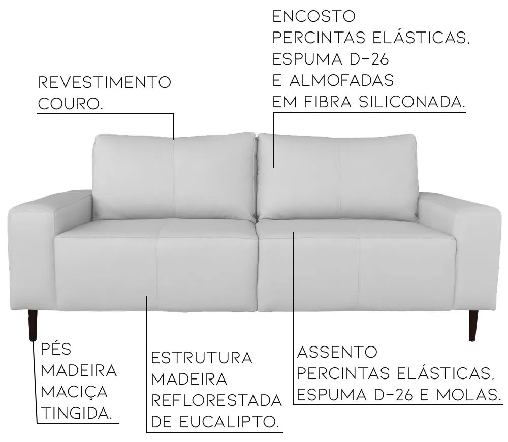 Sofá 04 Lugares Sala de Estar Recepção 280cm Bipartido Brad Couro Branco G58 - Gran Belo